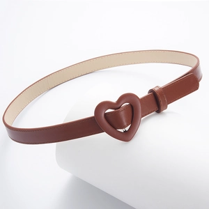 Chic brown PU leather belt for girls with a stylish heart-shaped buckle on white stand