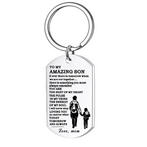 Polished stainless steel dog tag keychain with engraved To My Son message and silhouette