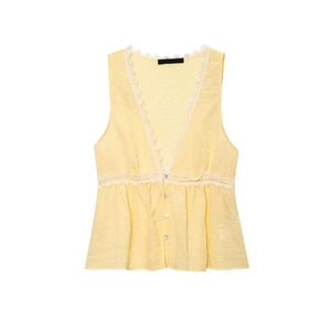 Women Lace Trim V-Neck Tank Top Button-Down Sleeveless Peplum Hem Ruffle Casual Summer Polyester Camisole Yellow