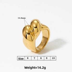Detailed view of chunky gold knot ring showing 14.6mm width and 14.2g weight specs