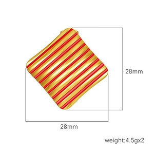 Detail view of 28mm square earrings with red enamel stripes and weight specifications