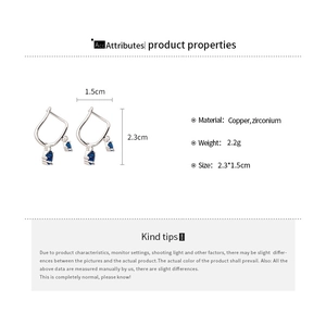 Detail view of silver earrings featuring dark blue star-shaped zircon and copper finish