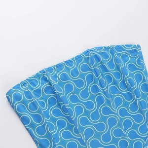 Detail of blue printed bikini top with fine knit texture and vertical support stitching