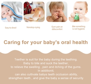 Infant teething bracelet infographic detailing beech wood toy benefits and relief symptoms