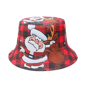 Christmas Printed Bucket Hat Polyester Sun Protection Fisherman Cap Santa Claus Snowman Pattern For Holiday Party Women