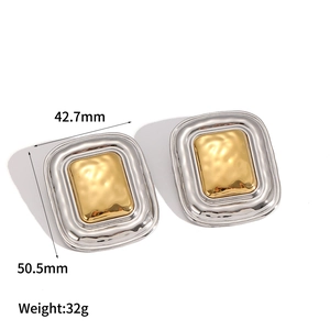 Two-tone rectangular hammered stainless steel drop earrings measuring 42.7x50.5mm