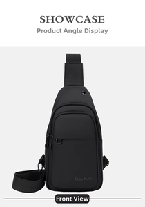 Men's minimalist black chest bag featuring water-resistant fabric and front zipper pocket