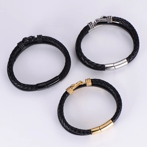 Unisex multi-layer braided leather bracelet with stainless steel anchor magnetic clasp