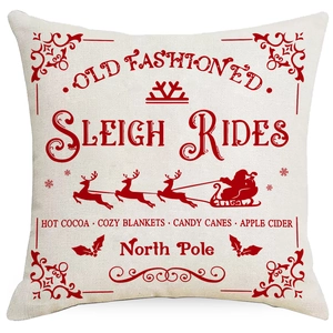 Vintage Christmas red linen pillowcase with North Pole sleigh ride festive prints