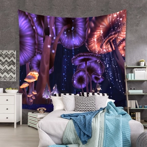 Detail of bohemian mushroom forest tapestry with glowing neon trees in a cozy bedroom setting