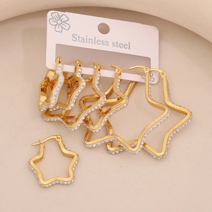 Three pairs of gold stainless steel star earrings with sparkling cubic zirconia crystals