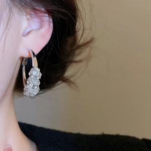 Macro shot of silver paved zircon hoop earrings showing detailed cluster texture