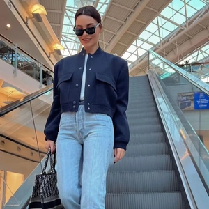 Giacca Bomber Donna Collo Alto Tasche Grandi Casual Abbtonato Cappotto Utility Tessuto Capispalla Leggero