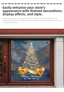 Detail of gold Christmas tree window sticker with Merry Christmas text on glass