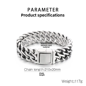 Detail of 210x20mm stainless steel braided chain bracelet with square clasp for men