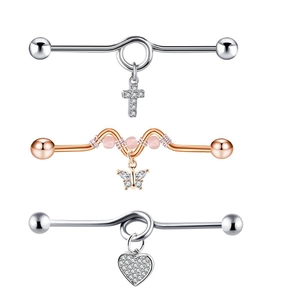 Stainless Steel Industrial Barbell Cartilage Earring Zircon Heart Butterfly Cross Dangle Piercing Jewelry For Women Men