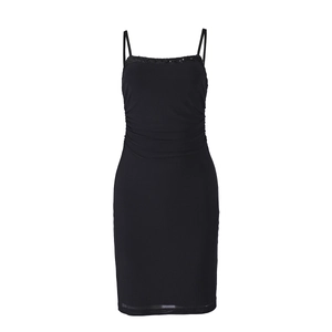 Close-up of black bodycon dress featuring sequin-embellished neckline and pleated details