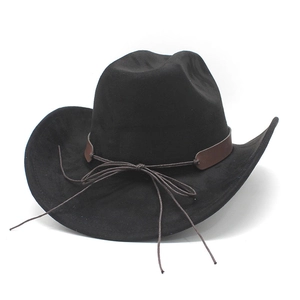 Detail of black suede cowboy hat featuring brown leather band and intricate rope buckle