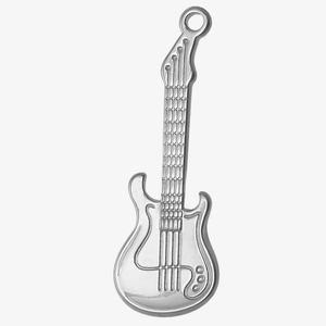 Macro detail of polished stainless steel electric guitar pendant with punk rock aesthetics