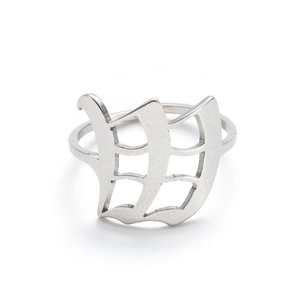 Macro shot of Gothic letter W engraving on a vintage stainless steel unisex ring