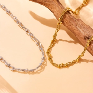 Stainless Steel Necklace Gold Plated Twisted Multi Strand Chain With Interspersed Beads Minimalist Niche Design For Women