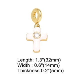 Detailed view of white enamel gold cross pendant with cubic zirconia inlay and dimensions