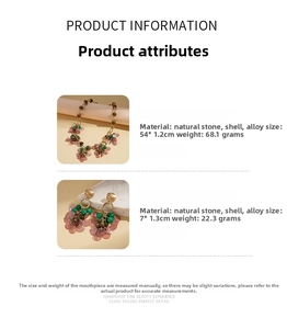 Detail of bohemian necklace and earrings with natural stones and shell inlays