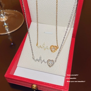 Heartbeat EKG Heart Pendant Necklace Titanium Steel Zircon Sparkling Dancing Stone Clavicle Chain Minimalist Jewelry Women