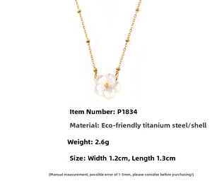 Detailed specs of floral shell necklace with 18K gold-plated stainless steel chain