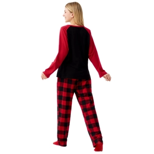 Detail view of long-sleeve pajamas set with raglan sleeves and buffalo plaid pants