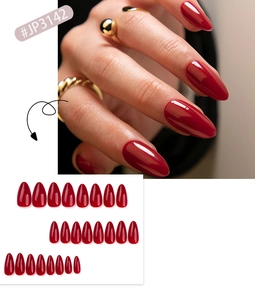 Glossy burgundy almond press-on nails set showing both worn effect and flat lay layout