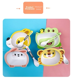 Bamboo fiber kids dining set with cute animal bowls and matching spoons in four colors