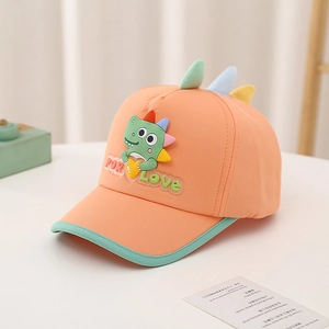 Detail of orange kid baseball cap with 3D cartoon dinosaur and For Love embroidery