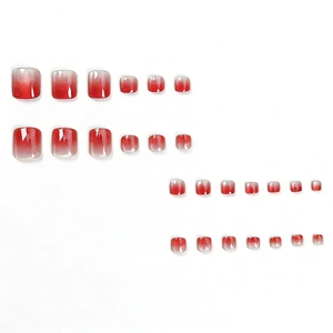 24 faux ongles de pieds courts carrés dégradé rouge œil de chat avec finition pailletée