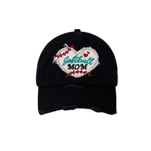 Black Softball MOM heart embroidery baseball cap with distressed brim and deep crown