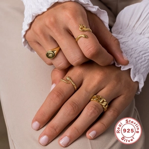 Chic 925 sterling silver gold snake ring and star signet band set for women