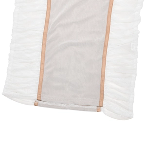 Close-up of mesh fabric splicing and ruffled pleats on this asymmetric shoulder dress