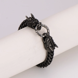 Retro stainless steel dragon head bracelet for men with antique silver finish and scale texture