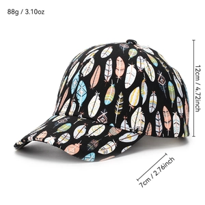 Black cotton baseball cap featuring colorful feather prints with detailed dimensions