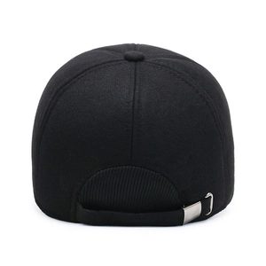 Rear view of black wool baseball cap for men featuring adjustable silver metal buckle strap