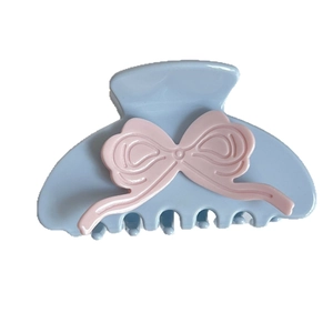 Light blue bow claw clip with pink accent for women, medium size hair accessory