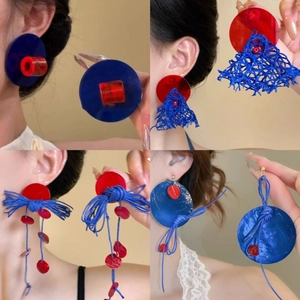 Boucles D'Oreilles Géométriques À Glands Rouge Bleu Résine Acrylique Alliage Avec Tige En Argent Style Bohème De Plage
