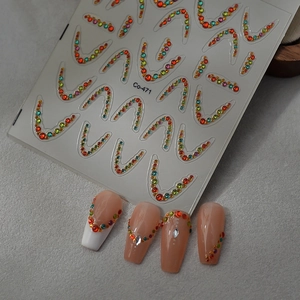 French crescent smile nail art stickers with colorful V-shaped rhinestones for manicures