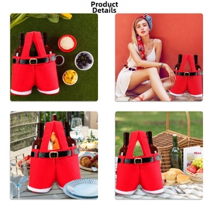 Dual bottle Christmas wine bag shaped like Santa trousers with belt detail and plush trim