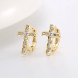 Golden S925 sterling silver cross hoop earrings with sparkling cubic zirconia inlay