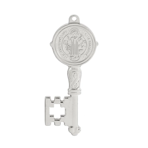 Vintage silver stainless steel key necklace with St. Benedict cross religious medal