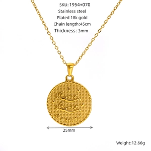 Detail view of Gemini zodiac relief necklace in gold steel with precise size measurements