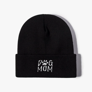 Classic black beanie with white DOG MOM embroidery and paw print, warm knit hat for winter