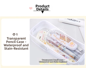 Macro detail of high-capacity transparent waterproof PVC pencil bag with white borders