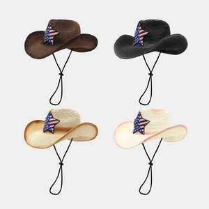 Western Cowboy Straw Hat Wide Brim US Flag Star Sequin Patch Adjustable Chin Strap Vintage Summer Sun Protection